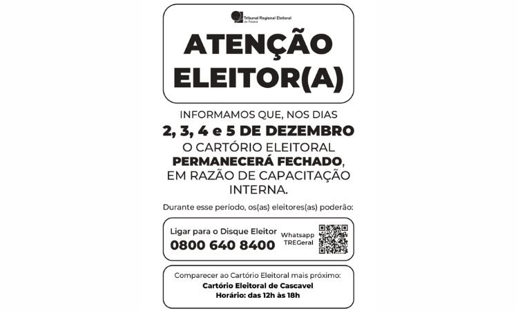 ATENÇÃO, ELEITOR(A)! Cartório Eleitoral Fechado em Guaraniaçu para Capacitação
