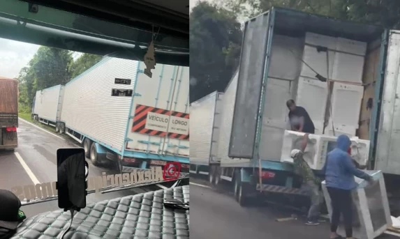 Caminhão Carregado com Eletrodomésticos sai da pista e Tomba na BR-277 e Grupo de Indígenas Realiza Saque na Carga