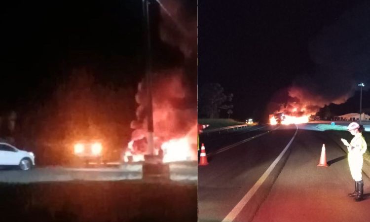 COLISÃO ENTRE DOIS CAMINHÕES PROVOCA INCÊNDIO E INTERDITA TOTALMENTE A BR-277