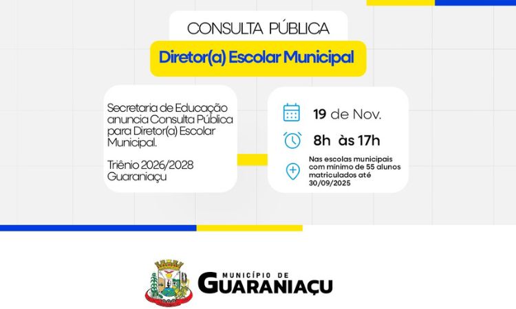 GUARANIAÇU: Secretaria de Educação anuncia Consulta Pública para Diretor(a) Escolar Municipal.