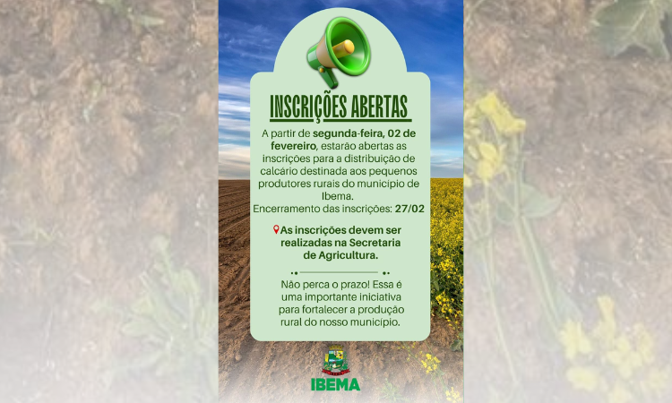 Ibema abre inscrições para distribuição de calcário a pequenos produtores rurais